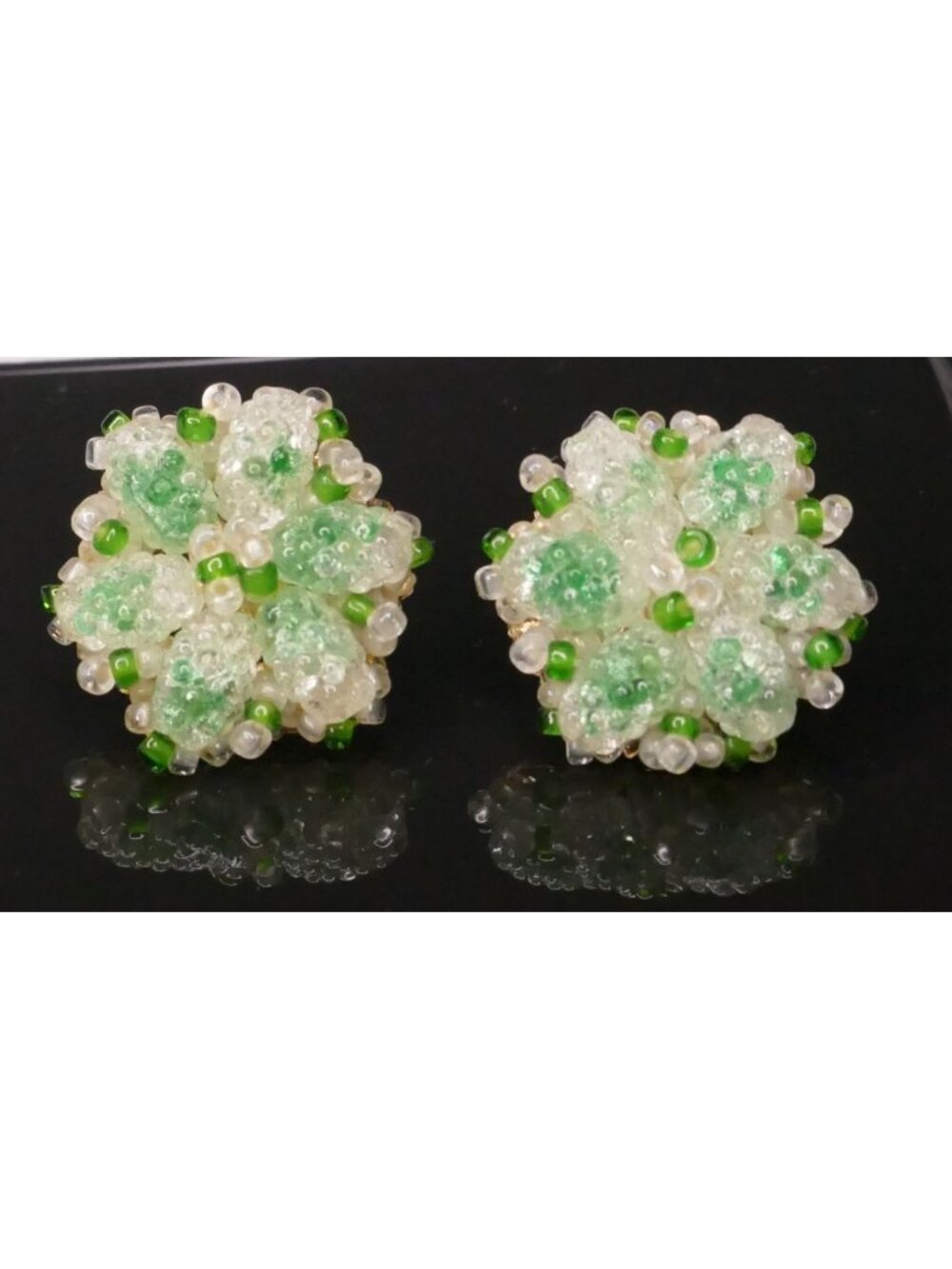 Vintage Signed Vendome Lime Green Crystal & Iridescent Bead Cluster Clip-On Earr